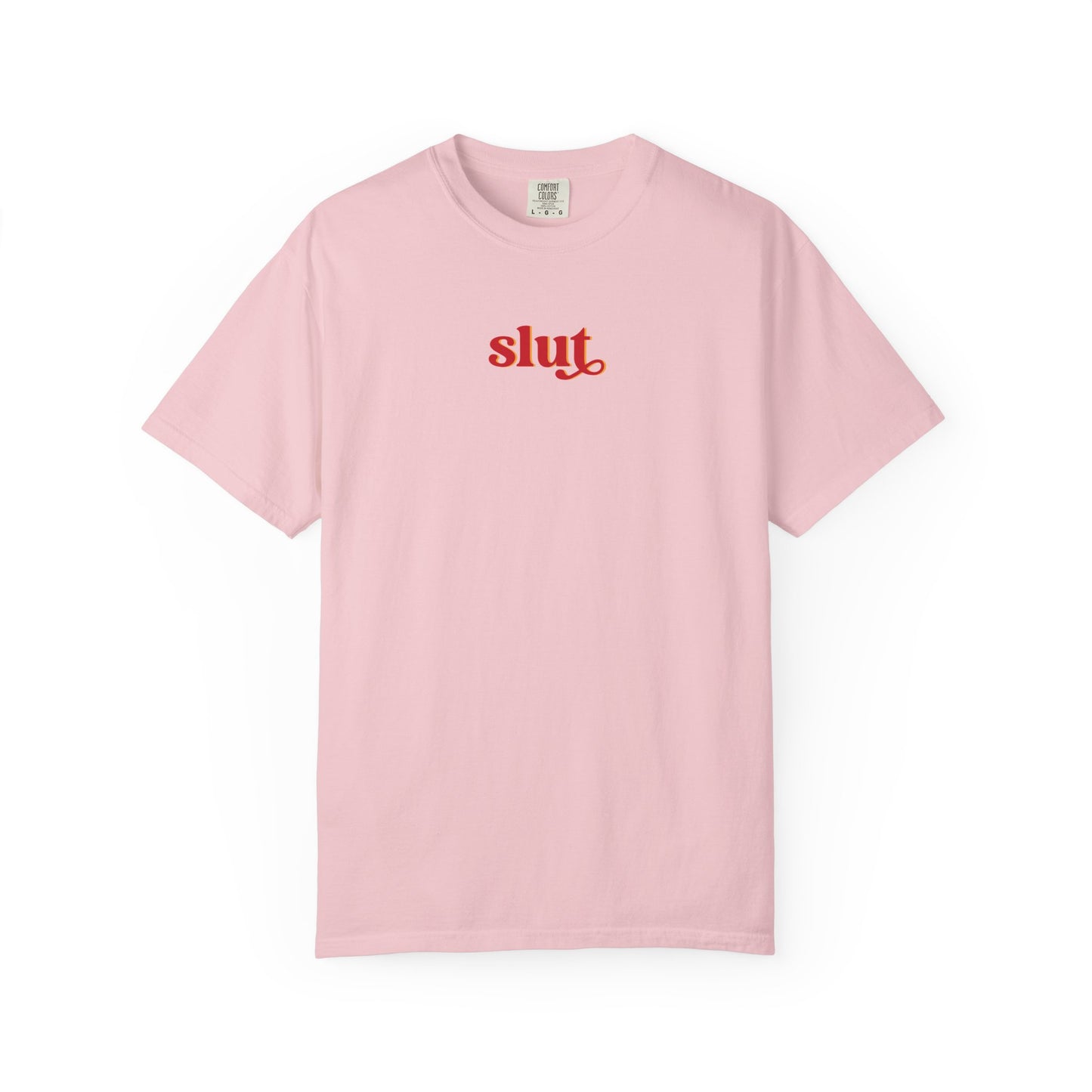 Graphic T-Shirt — Red "slut." Chest Print, Provocative Slogan Comfort Colors Tee