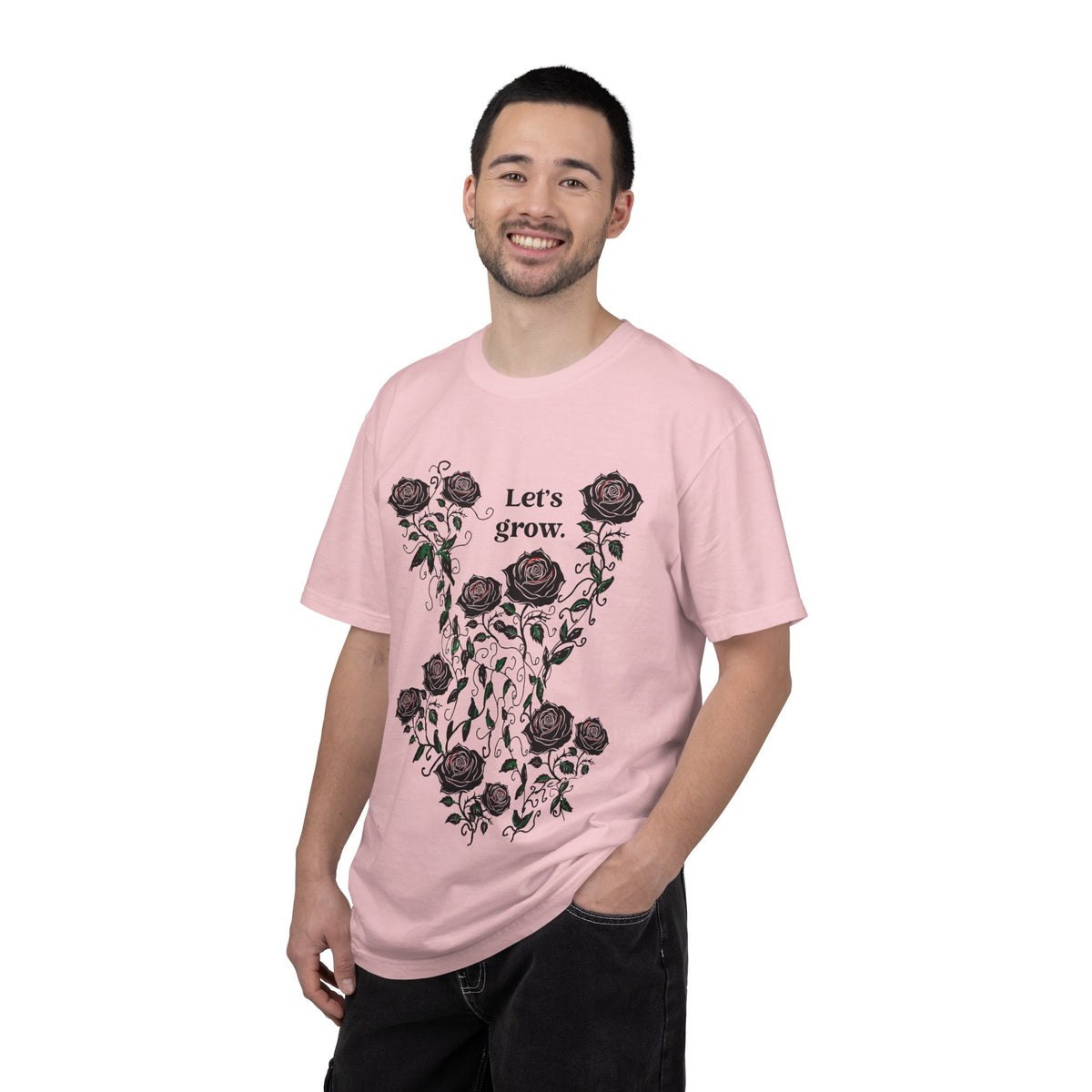 Men's pink graphic T-shirt with rose floral print, soft cotton blend, short-sleeve casual top