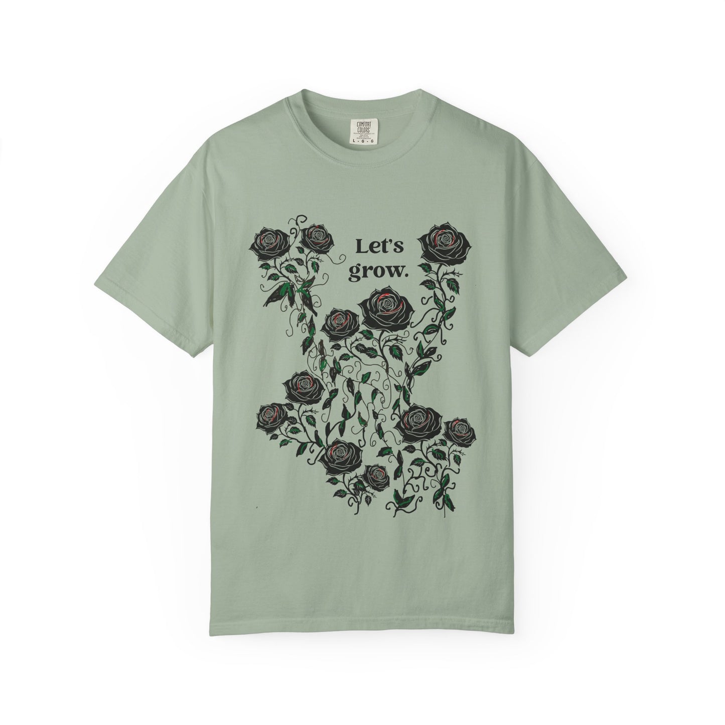 Sage green t-shirt with rose wreath graphic and “Let’s grow” slogan, soft cotton