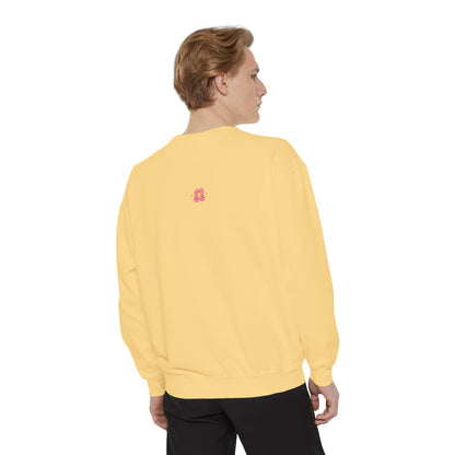Yellow crewneck sweatshirt with pink embroidered logo on back, soft cotton blend