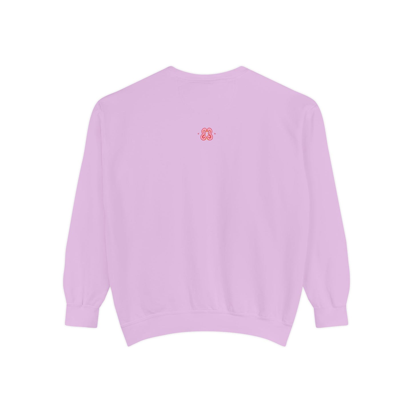 Lavender crewneck sweatshirt with embroidered heart detail, soft cotton blend fabric