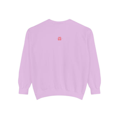 Lavender crewneck sweatshirt with embroidered heart detail, soft cotton blend fabric