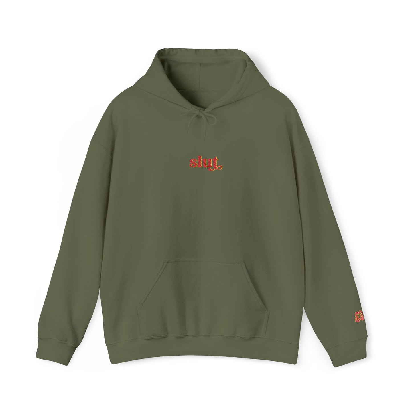 Olive green Slut hoodie with embroidered logo, pullover cotton-blend sweatshirt