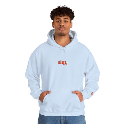 Light blue hoodie with “Slut” chest logo and drawstring hood