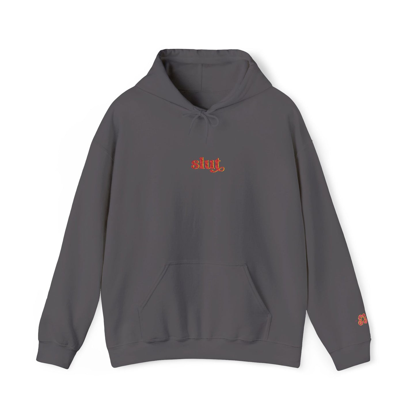 Gray hoodie sweatshirt with “slut” logo, pullover hood and drawstring, soft cotton blend fabric