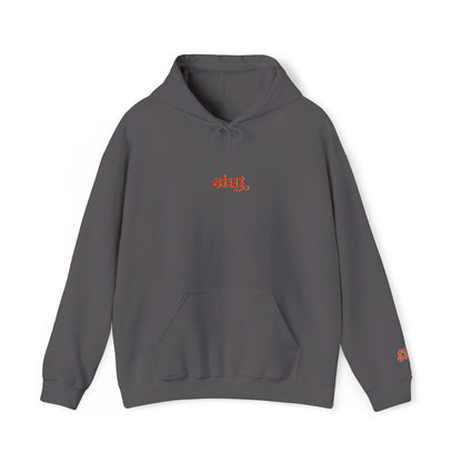Gray hoodie sweatshirt with “slut” logo, pullover hood and drawstring, soft cotton blend fabric