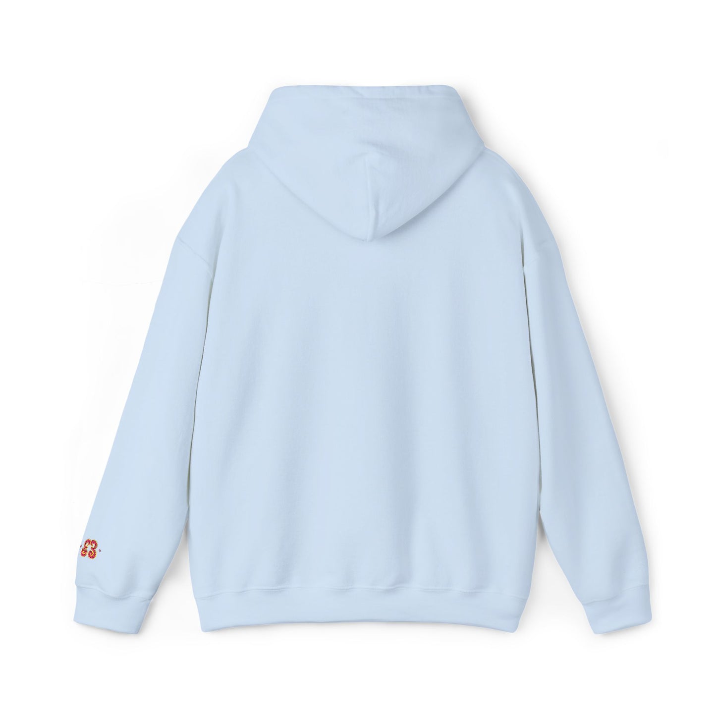 Light blue hoodie back view with left-sleeve butterfly graphic, laid flat