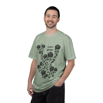 Unisex sage green graphic T-shirt with rose “Let’s grow” slogan, cotton blend