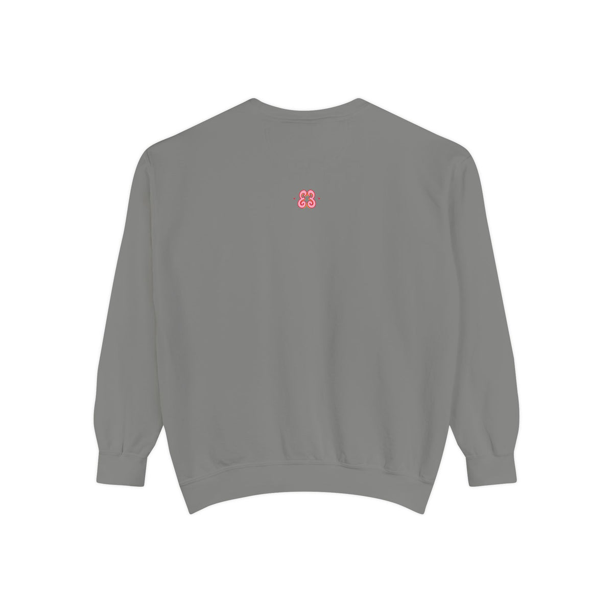 Light gray unisex crewneck sweatshirt with embroidered pink logo, soft cotton-blend fabric