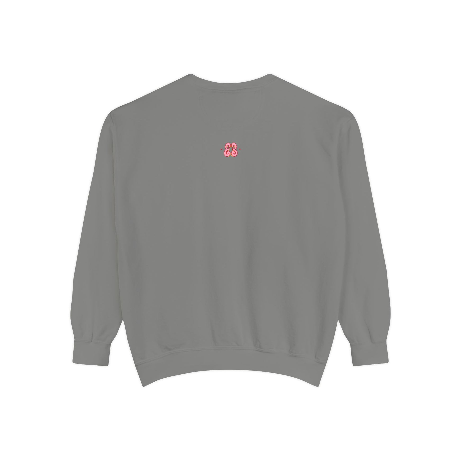 Light gray unisex crewneck sweatshirt with embroidered pink logo, soft cotton-blend fabric