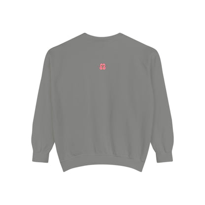 Light gray unisex crewneck sweatshirt with embroidered pink logo, soft cotton-blend fabric