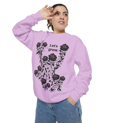 Lavender floral graphic sweatshirt, soft cotton blend with “Let’s grow” slogan