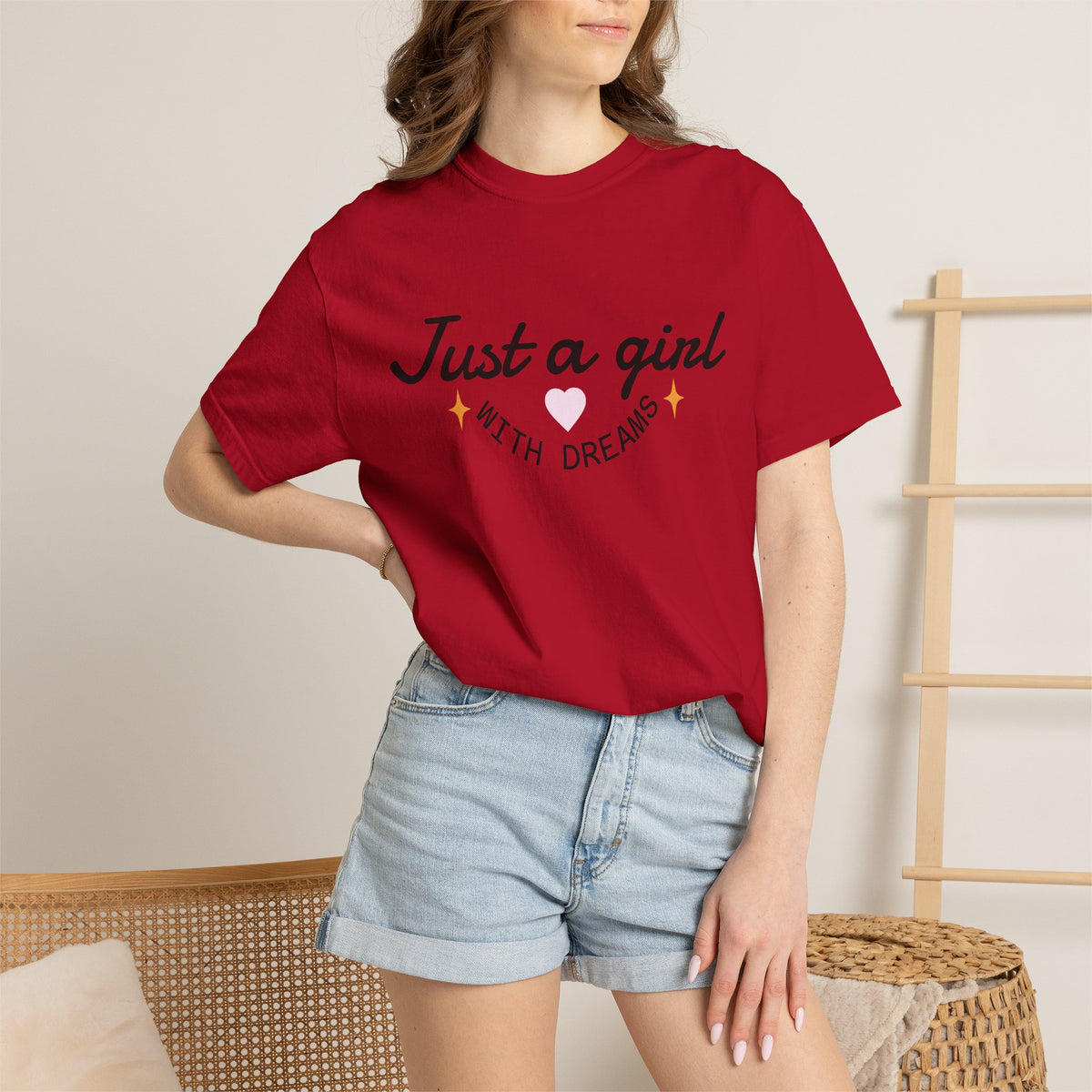 Red graphic t-shirt in soft cotton with “Just a girl with the dreams” heart star print