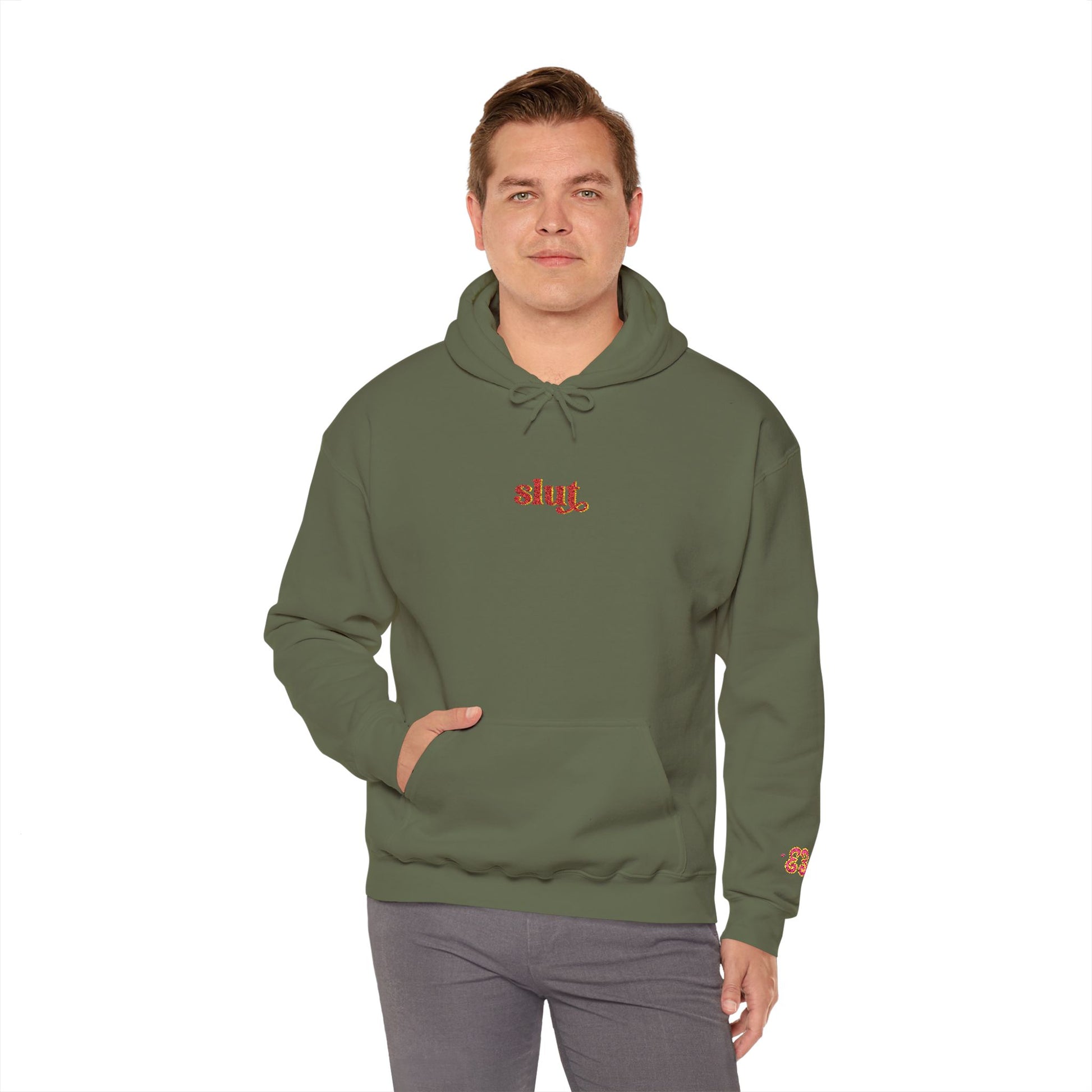Men’s olive green hoodie with drawstring, soft cotton-blend and embroidered “slut” logo