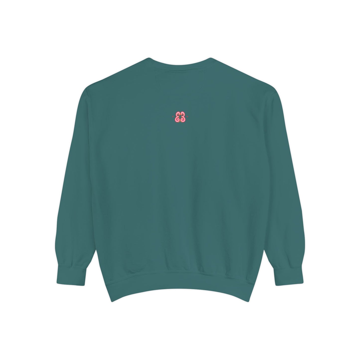 Teal sweatshirt with pink monogram logo, embroidered cotton-poly blend long sleeve