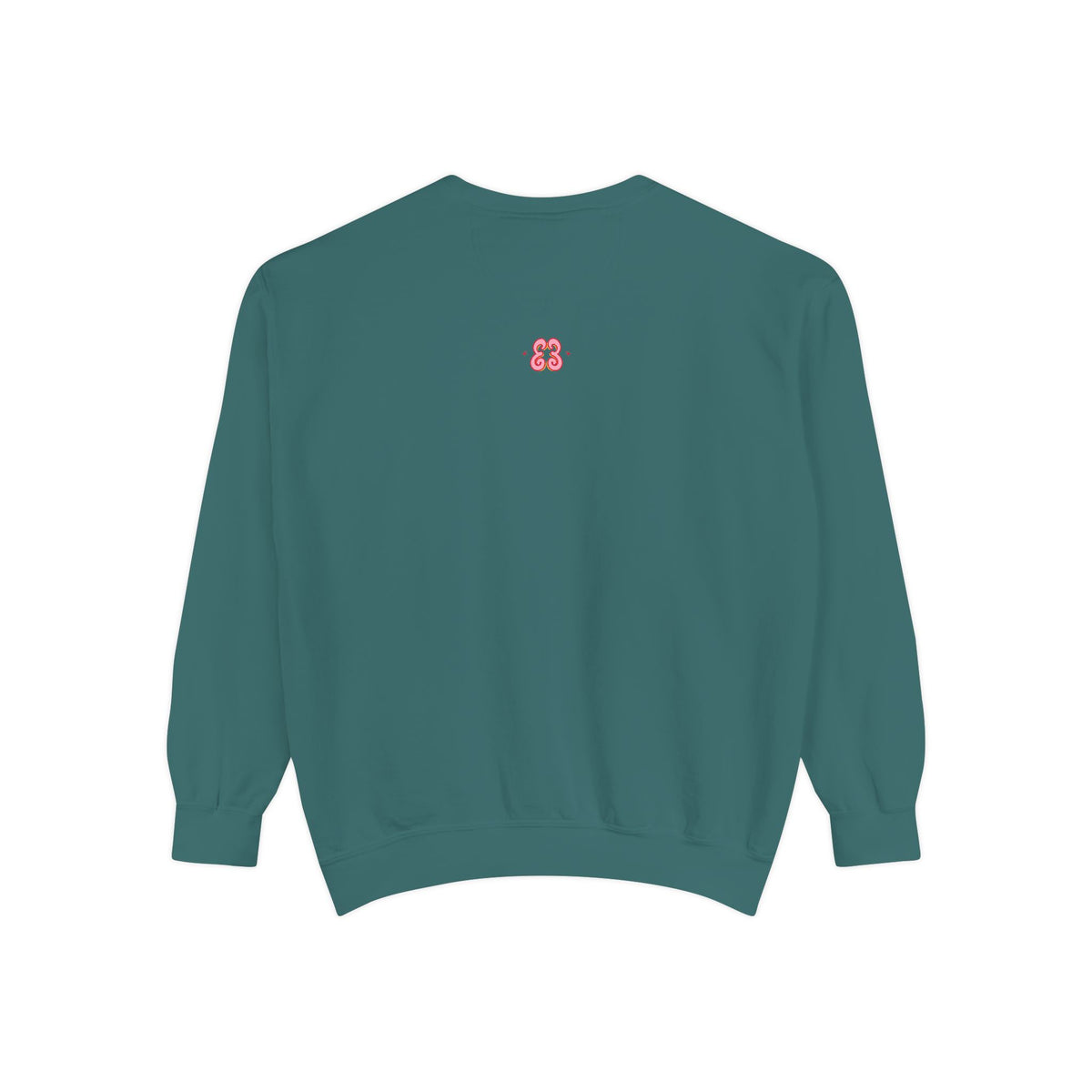 Teal sweatshirt with pink monogram logo, embroidered cotton-poly blend long sleeve
