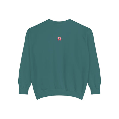 Teal sweatshirt with pink monogram logo, embroidered cotton-poly blend long sleeve