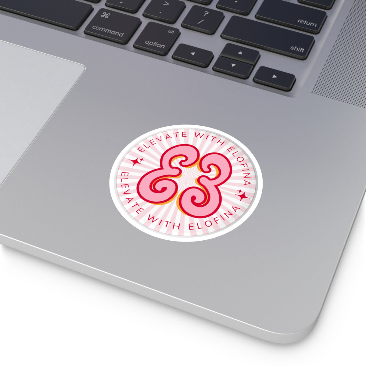 Elevate With Elofina Round Sticker (With Background) — Retro Pink Logo Decal (Indoor/Outdoor)
