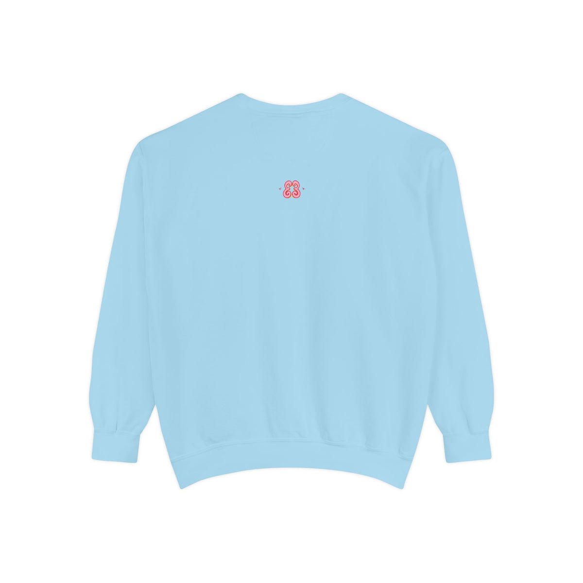 Light blue crewneck sweatshirt made of soft cotton with small pink embroidered monogram