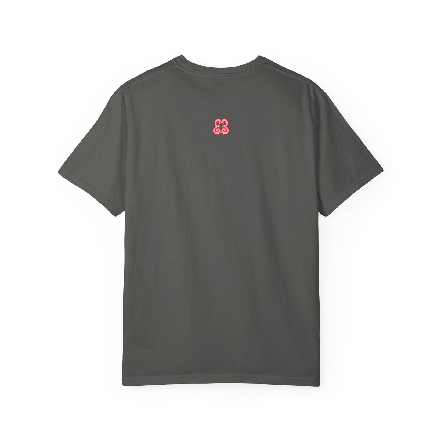 Charcoal gray graphic t-shirt with small red logo on crew neck cotton tee