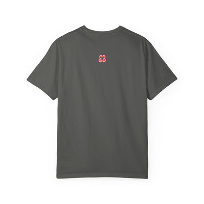 Charcoal gray graphic t-shirt with small red logo on crew neck cotton tee