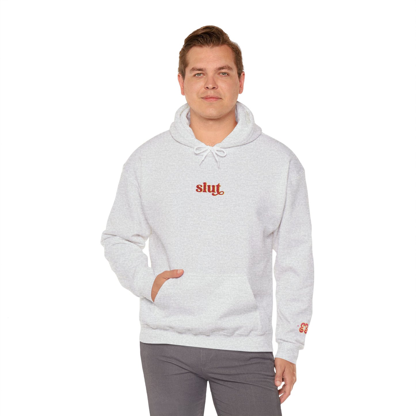 Light gray hoodie sweatshirt in soft cotton with red “slut” embroidered graphic and drawstring hood
