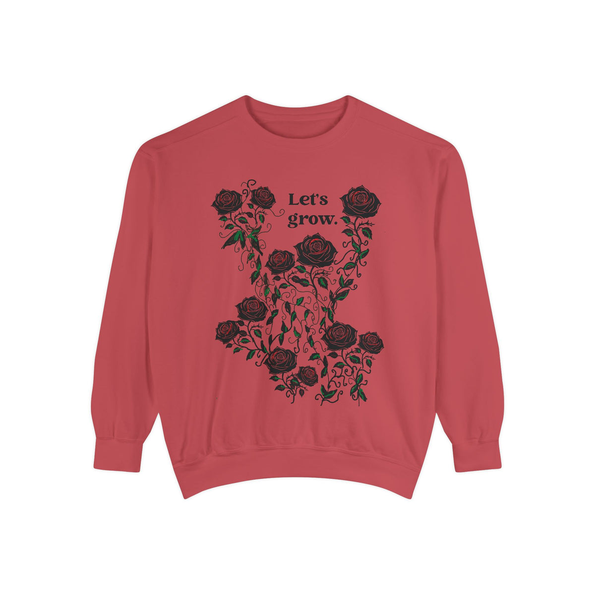Burgundy sweatshirt with floral rose graphic and “Let’s grow” slogan, soft cotton-blend fleece
