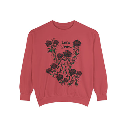 Burgundy sweatshirt with floral rose graphic and “Let’s grow” slogan, soft cotton-blend fleece