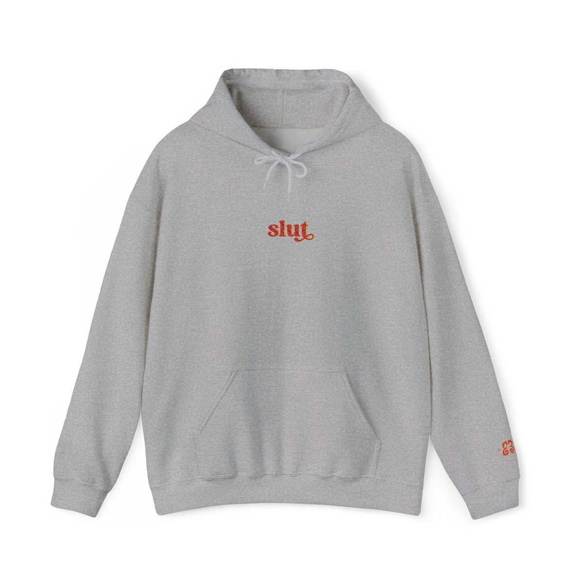 Grey sl*t hoodie sweatshirt with drawstring and embroidered logo, soft cotton blend