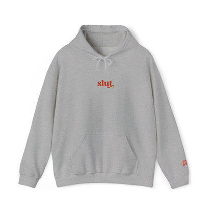 Grey sl*t hoodie sweatshirt with drawstring and embroidered logo, soft cotton blend