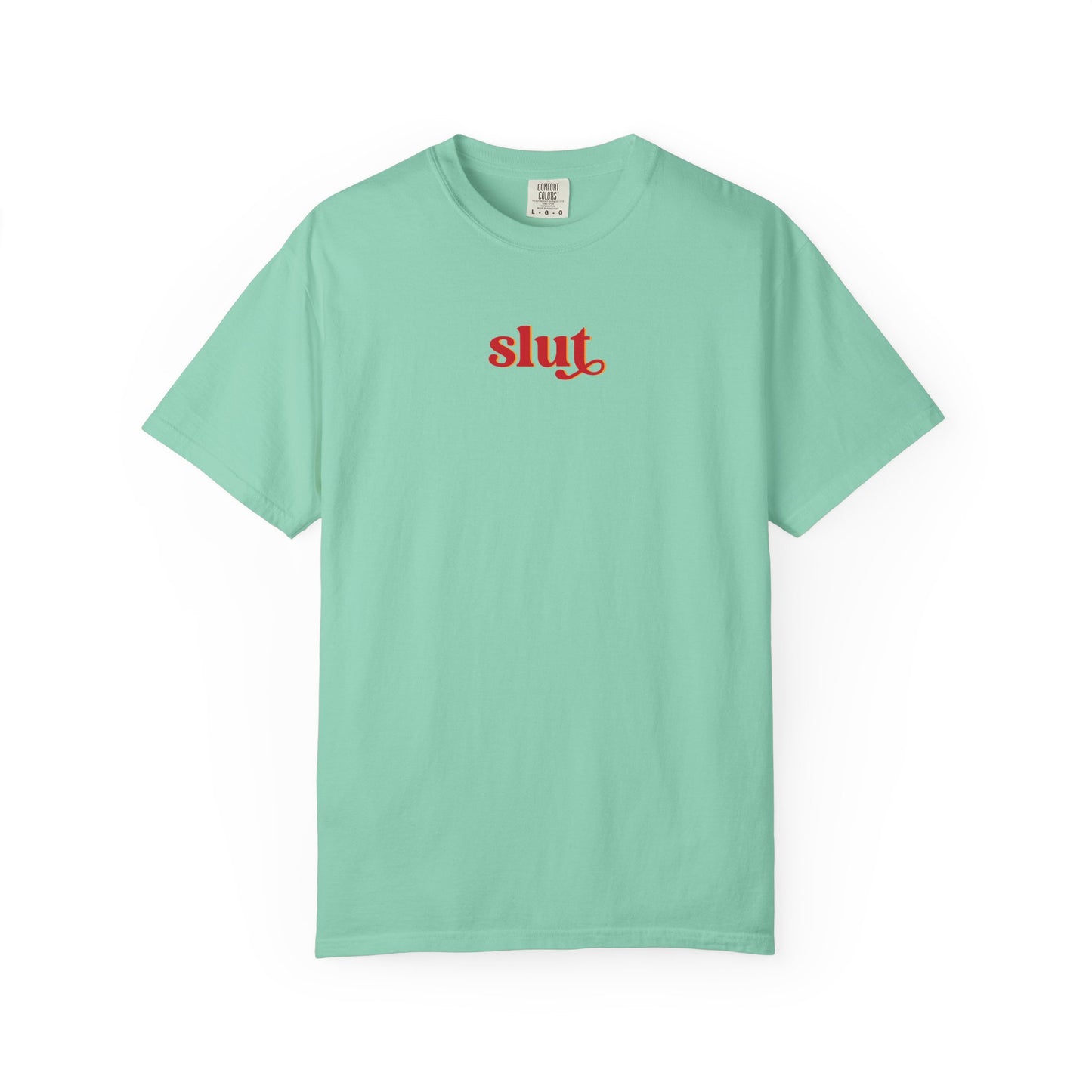 Graphic T-Shirt — Red "slut." Chest Print, Provocative Slogan Comfort Colors Tee