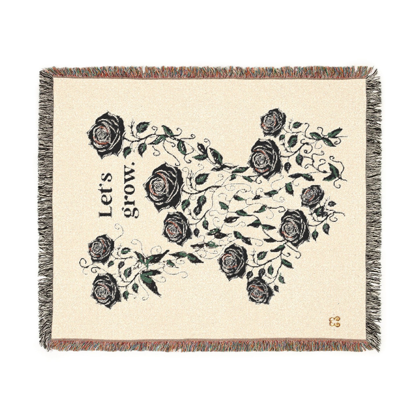 Beige floral woven scarf blanket with fringe trim, soft cotton blend—rose and green leaf print