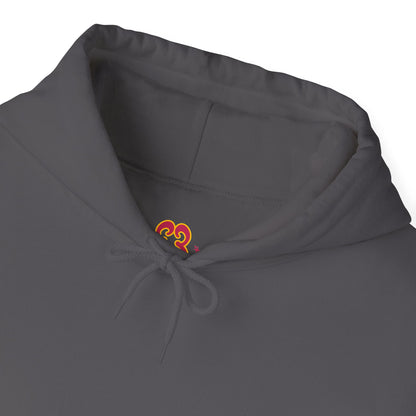 Charcoal gray hoodie close-up of hood drawstrings with colorful “Slut” script logo