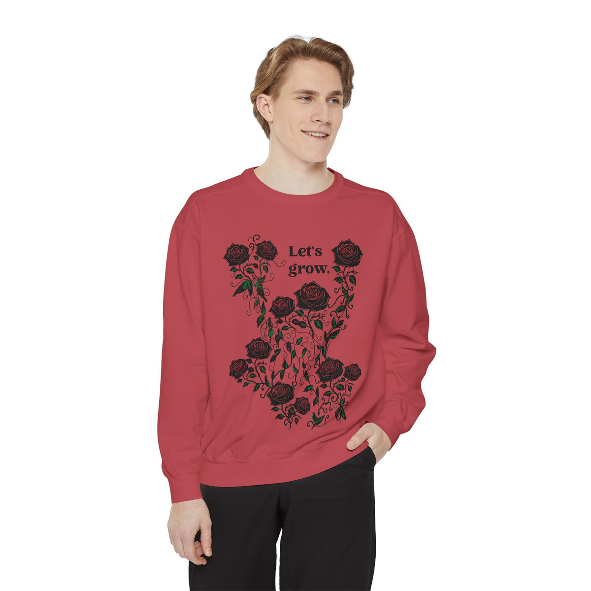 Red men’s sweatshirt in cotton blend with rose graphic and “Let’s grow” print