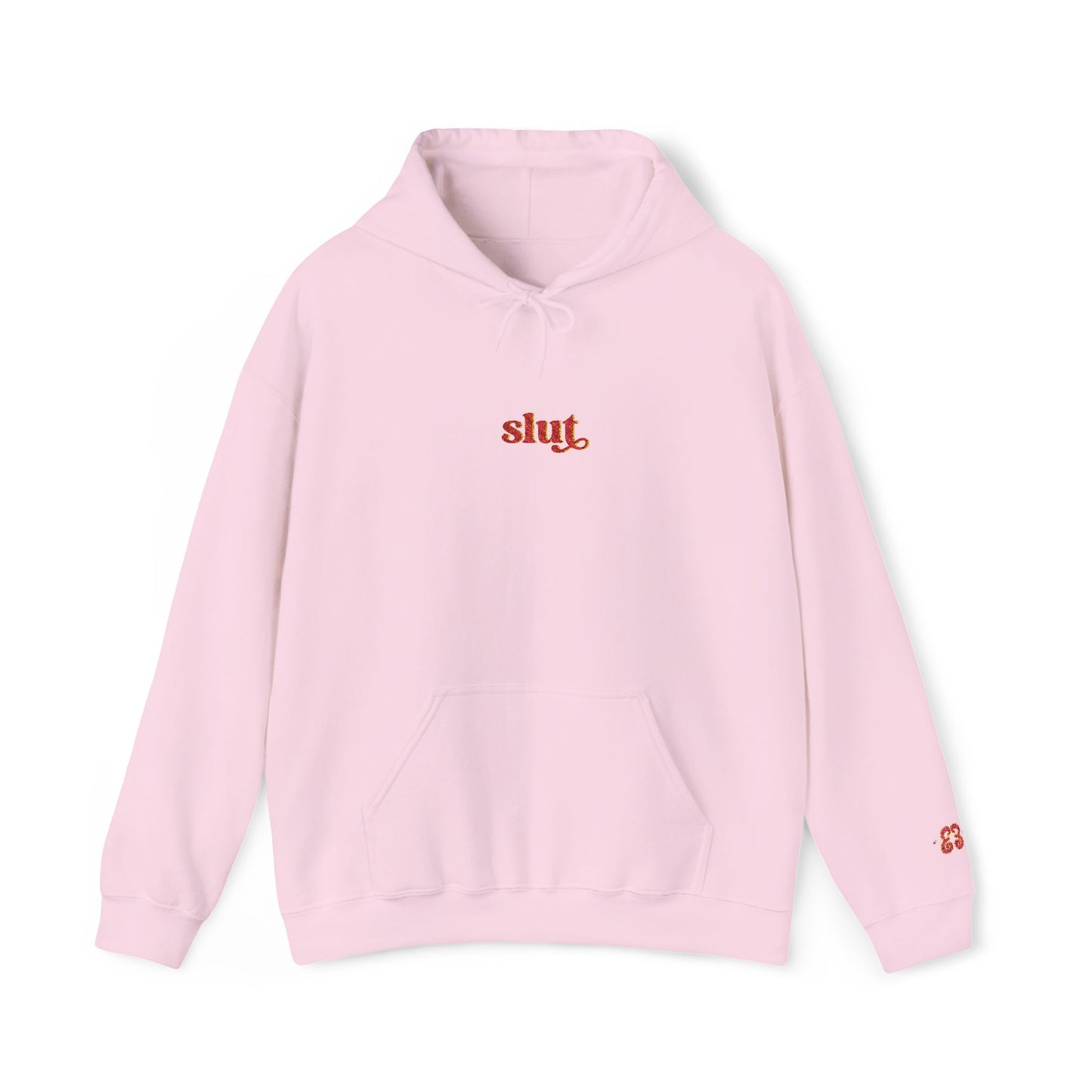 Pink hoodie sweatshirt with kangaroo pocket and embroidered “slut” graphic, soft cotton blend