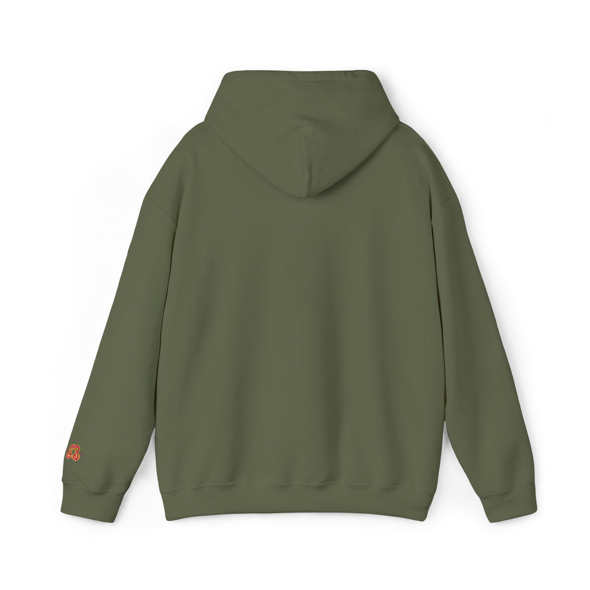Olive green hoodie sweatshirt with adjustable hood and kangaroo pocket, embroidered detail on sleeve