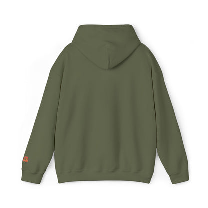 Olive green hoodie sweatshirt with adjustable hood and kangaroo pocket, embroidered detail on sleeve