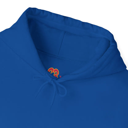 Royal blue hoodie close-up of hood drawstrings with colorful “Slut” script logo