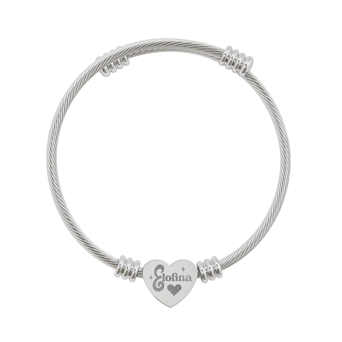 Silver-tone charm bracelet with heart tag and braided wire design, stainless steel