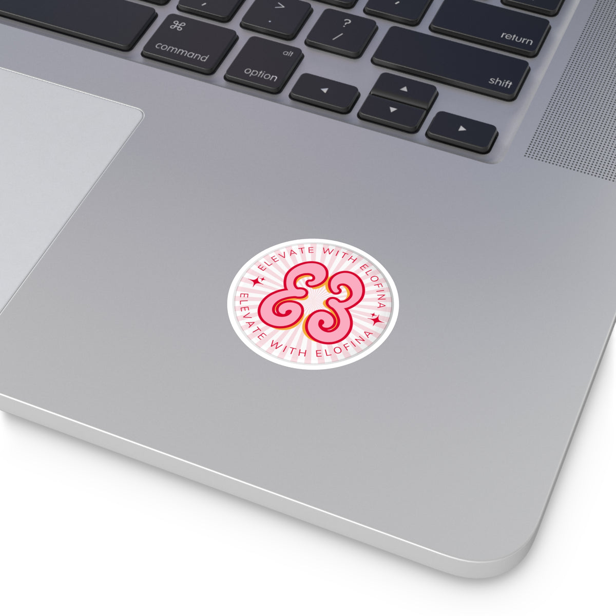Elevate With Elofina Round Sticker (With Background) — Retro Pink Logo Decal (Indoor/Outdoor)