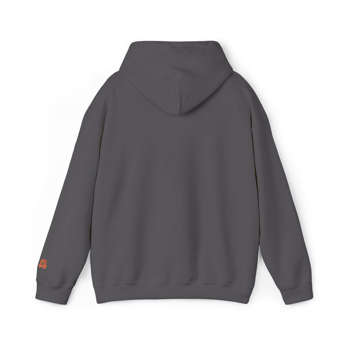 Charcoal gray hoodie back view with left-sleeve butterfly graphic