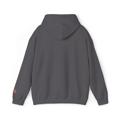 Charcoal gray hoodie back view with left-sleeve butterfly graphic