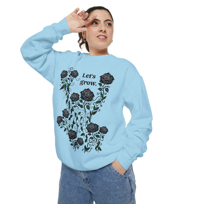 Light blue rose graphic sweatshirt, cotton blend, long sleeves and cozy everyday wear