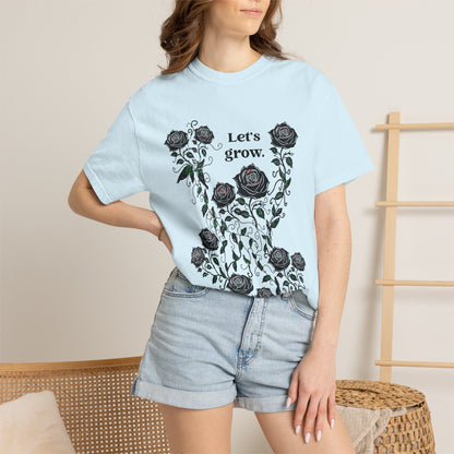 Light blue graphic T-shirt with black roses and “Let’s grow” slogan, cotton blend