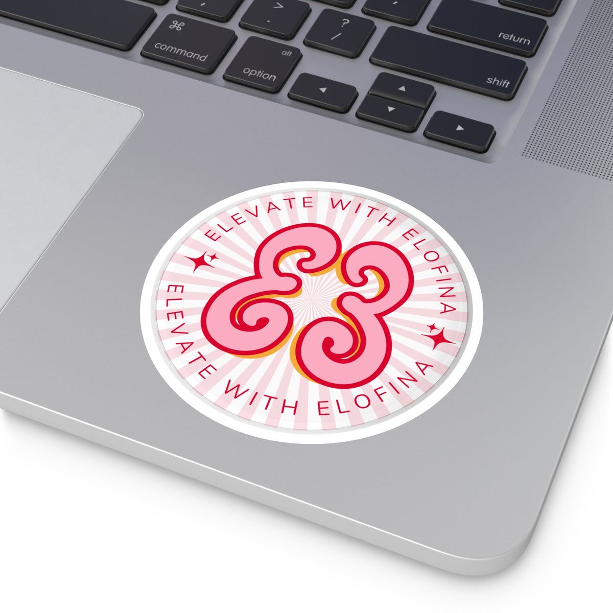 Elevate With Elofina Round Sticker (With Background) — Retro Pink Logo Decal (Indoor/Outdoor)