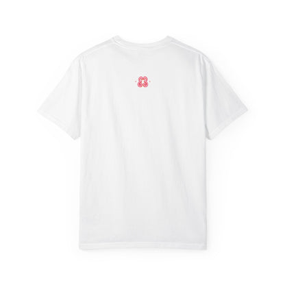 White t-shirt in cotton with pink 3D-style logo on back