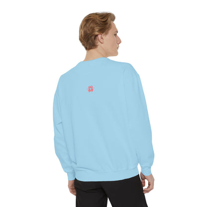 Light blue crewneck sweatshirt with pink embroidered heart logo, cotton-blend fabric