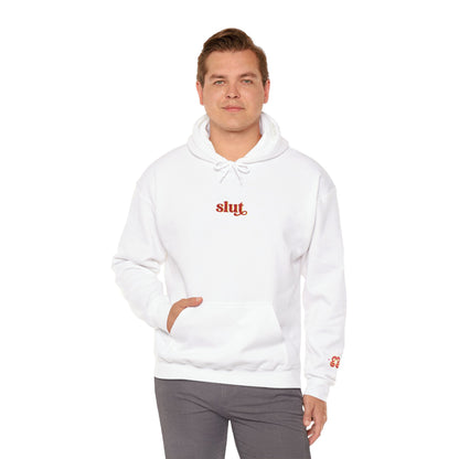 White cotton hoodie with drawstring and embroidered “slut” logo on chest