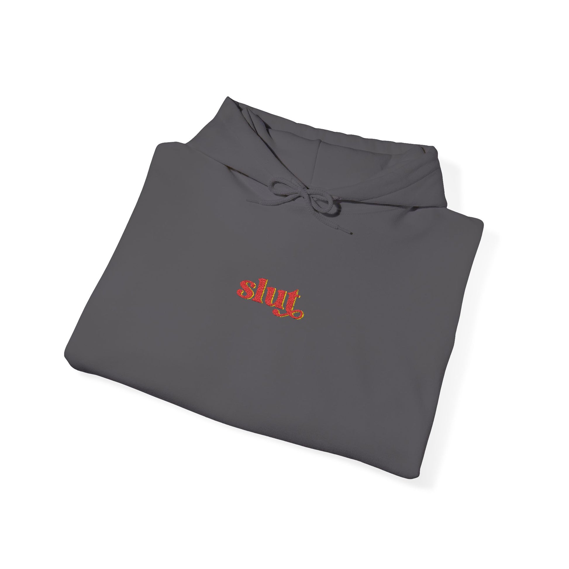 Charcoal gray hoodie laid flat, showing hood and small “Slut” chest logo