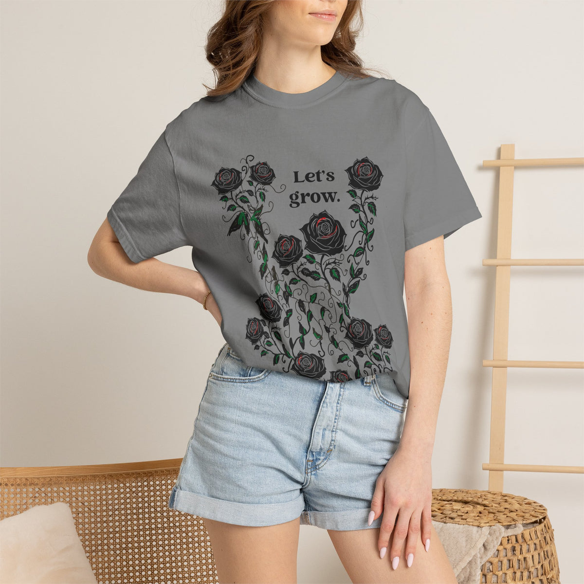 Grey graphic T-shirt with “Let’s grow” rose floral design, short-sleeve cotton blend